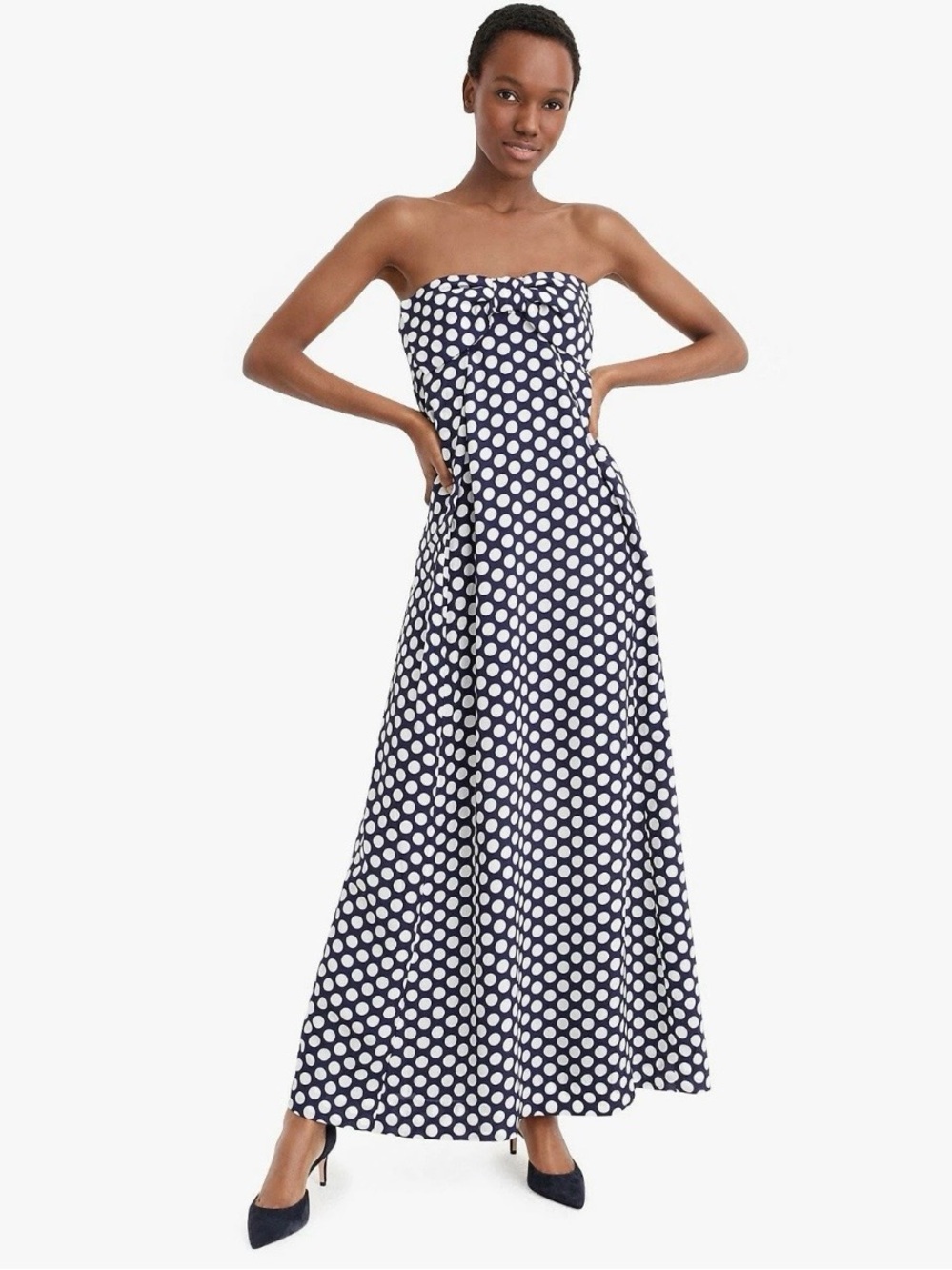 JCREW 100% silk Navy Polka dot strapless bow maxi dress 6